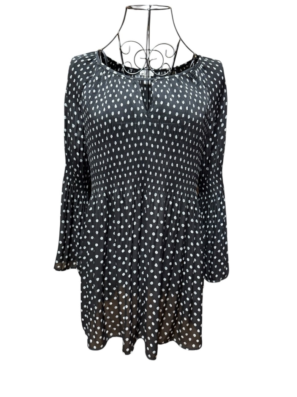 Spense Black and White Polka Peplum Bell Sleeve Tunic Top Large